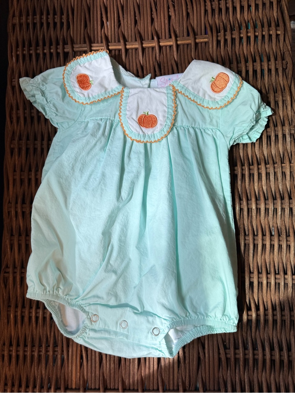 EUC Stitchy Fish Jane Be Little Pumpkin Embroidered Bubble in Mint Green 3M